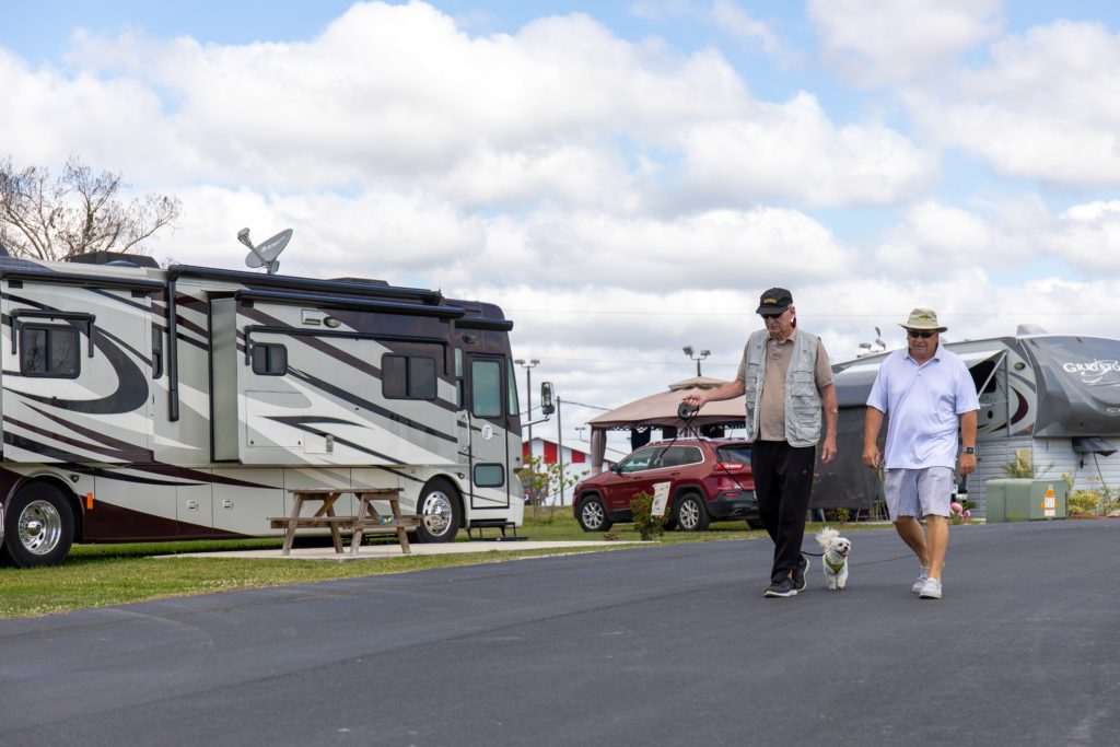 Two men walking with a puppy in the RV park.